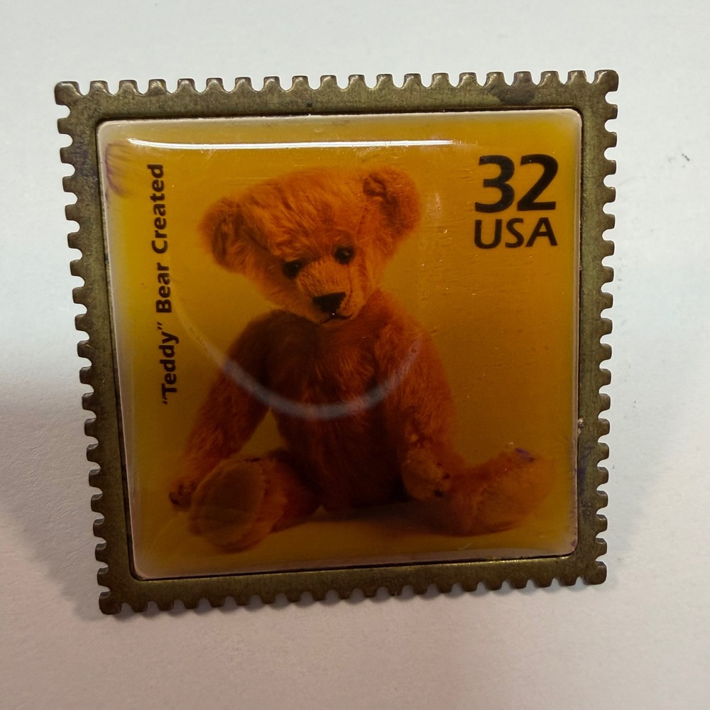 Vintage Teddy Bear Created‎ 32 Cent USA Postage Stamp Lapel Pin Brass Tone 1998
